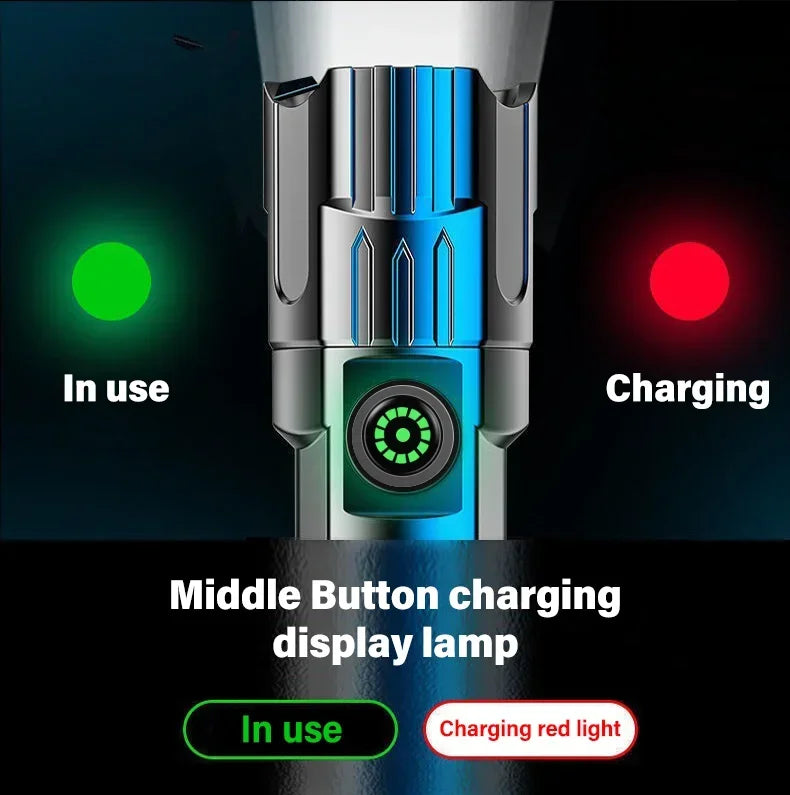 High Strong Power Led Flashlights 2000LM Tactical Torch with Display Light USB Charging Camping Fishing Emergency Zoom Lantern