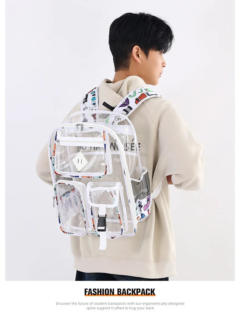 College Student Backpack 2025 New Transparent Bag Splicing Unisex Large Capacity Color Contrasting Fashion PVC Backpack