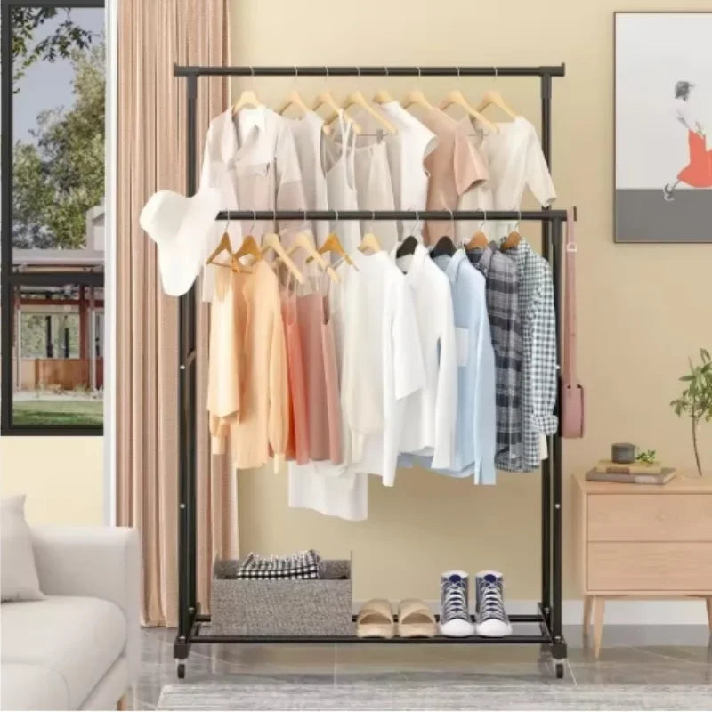 Mobile Clothes Rack Double Clothes Rack Stick Simple Clothes Stand Telescopic Room Floor Hangers Storage Clothes Rack