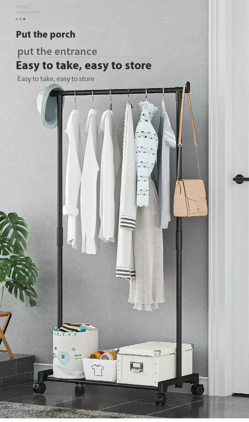 Mobile Clothes Rack Double Clothes Rack Stick Simple Clothes Stand Telescopic Room Floor Hangers Storage Clothes Rack