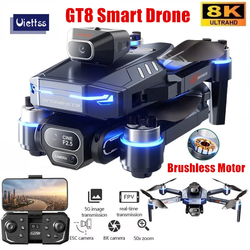 GT8 RC Drone Optical Flow 8K Three Camera Brushless Drone WIFI Electric Charge Display Screen Professional Aerial Drone