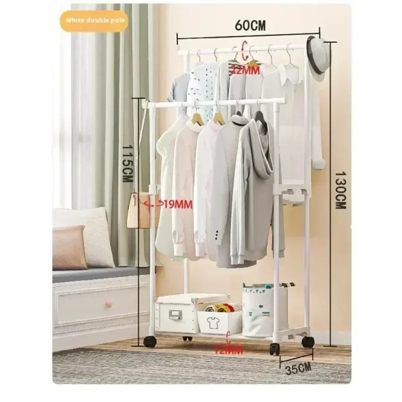 Mobile Clothes Rack Double Clothes Rack Stick Simple Clothes Stand Telescopic Room Floor Hangers Storage Clothes Rack