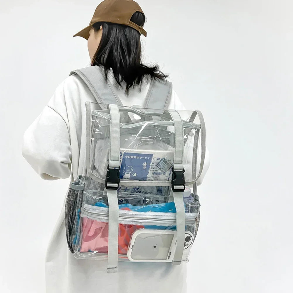 Transparent PVC College Student Rucksack Fashion School Backpack Waterproof Large Capacity See Through Solid Clear Bag for Women