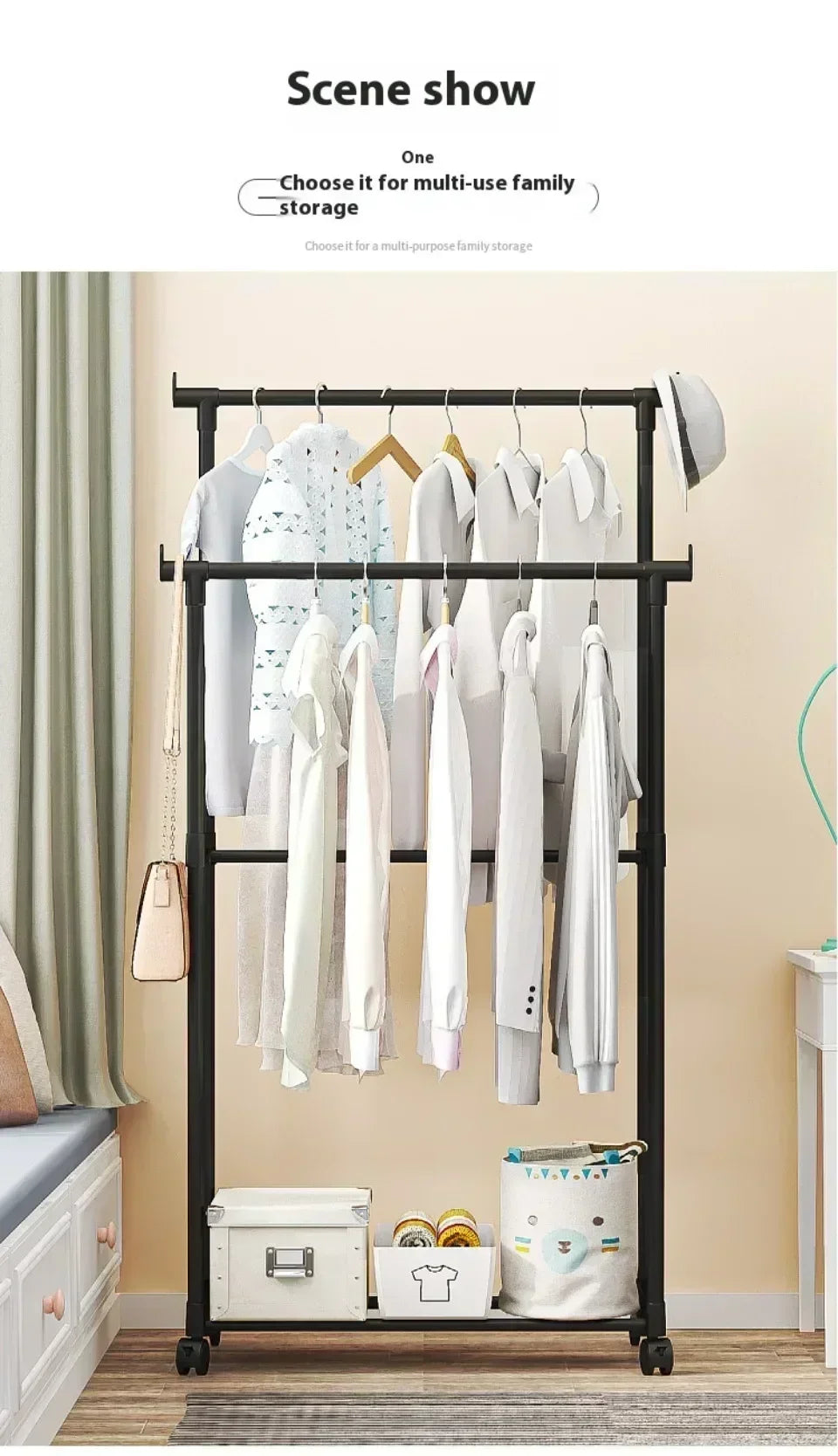 Mobile Clothes Rack Double Clothes Rack Stick Simple Clothes Stand Telescopic Room Floor Hangers Storage Clothes Rack