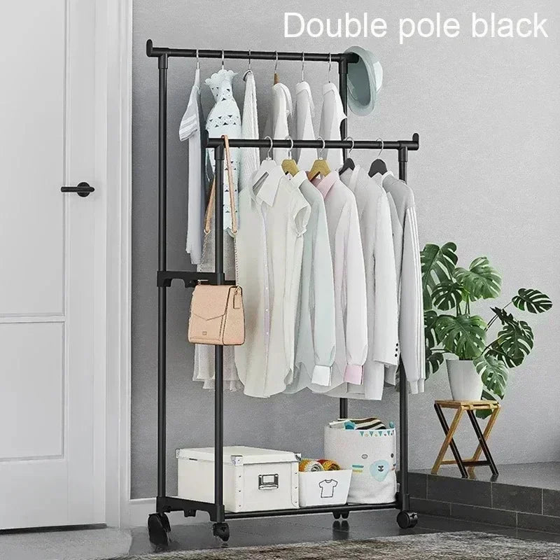 Mobile Clothes Rack Double Clothes Rack Stick Simple Clothes Stand Telescopic Room Floor Hangers Storage Clothes Rack