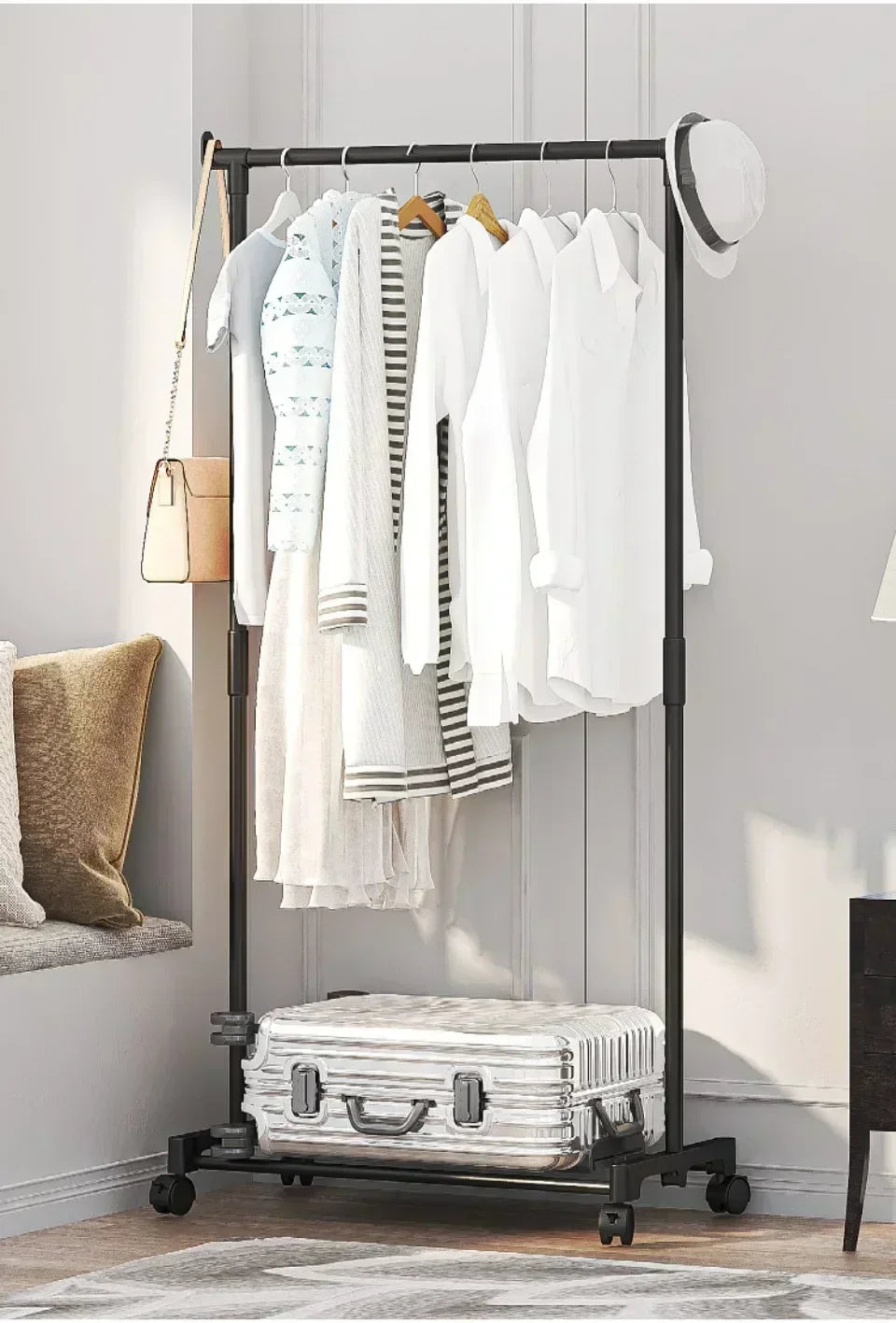 Mobile Clothes Rack Double Clothes Rack Stick Simple Clothes Stand Telescopic Room Floor Hangers Storage Clothes Rack