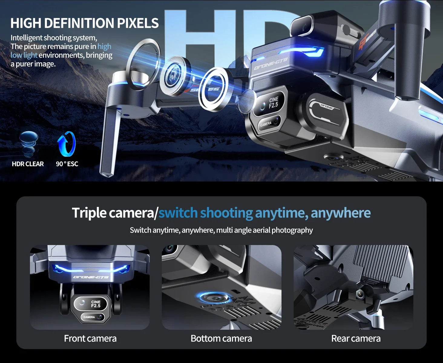 GT8 RC Drone Optical Flow 8K Three Camera Brushless Drone WIFI Electric Charge Display Screen Professional Aerial Drone