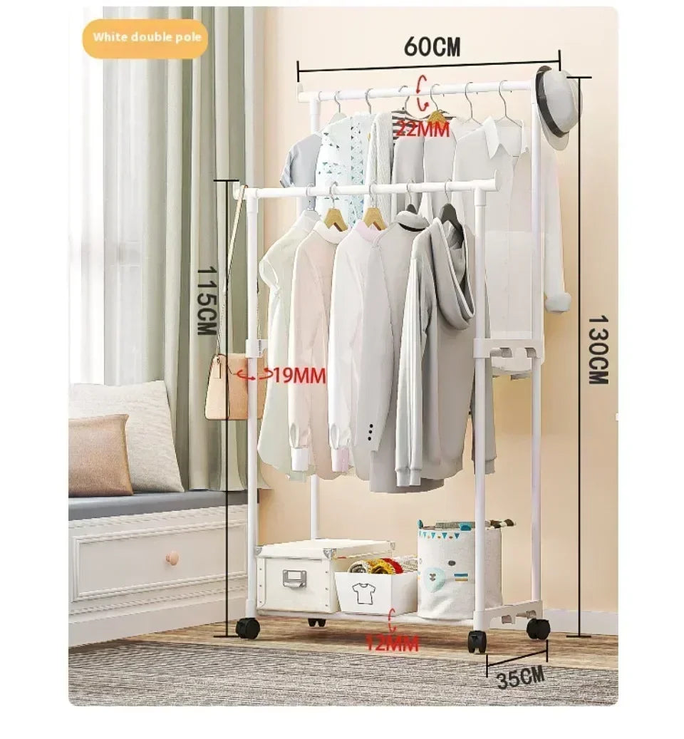Mobile Clothes Rack Double Clothes Rack Stick Simple Clothes Stand Telescopic Room Floor Hangers Storage Clothes Rack