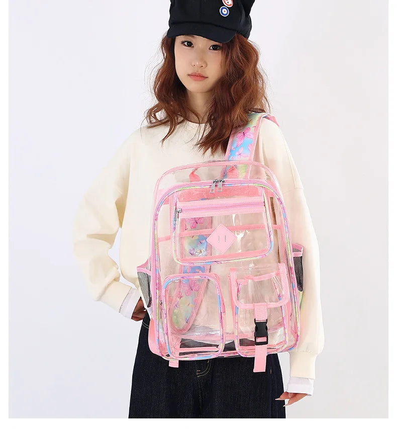 College Student Backpack 2025 New Transparent Bag Splicing Unisex Large Capacity Color Contrasting Fashion PVC Backpack
