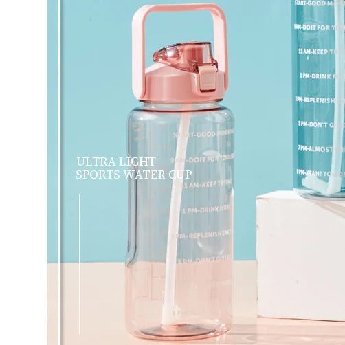 2L Portable Water Bottle with Straw & Time Marker, Large Capacity Plastic Drink Bottle for Outdoor Sports & Fitness