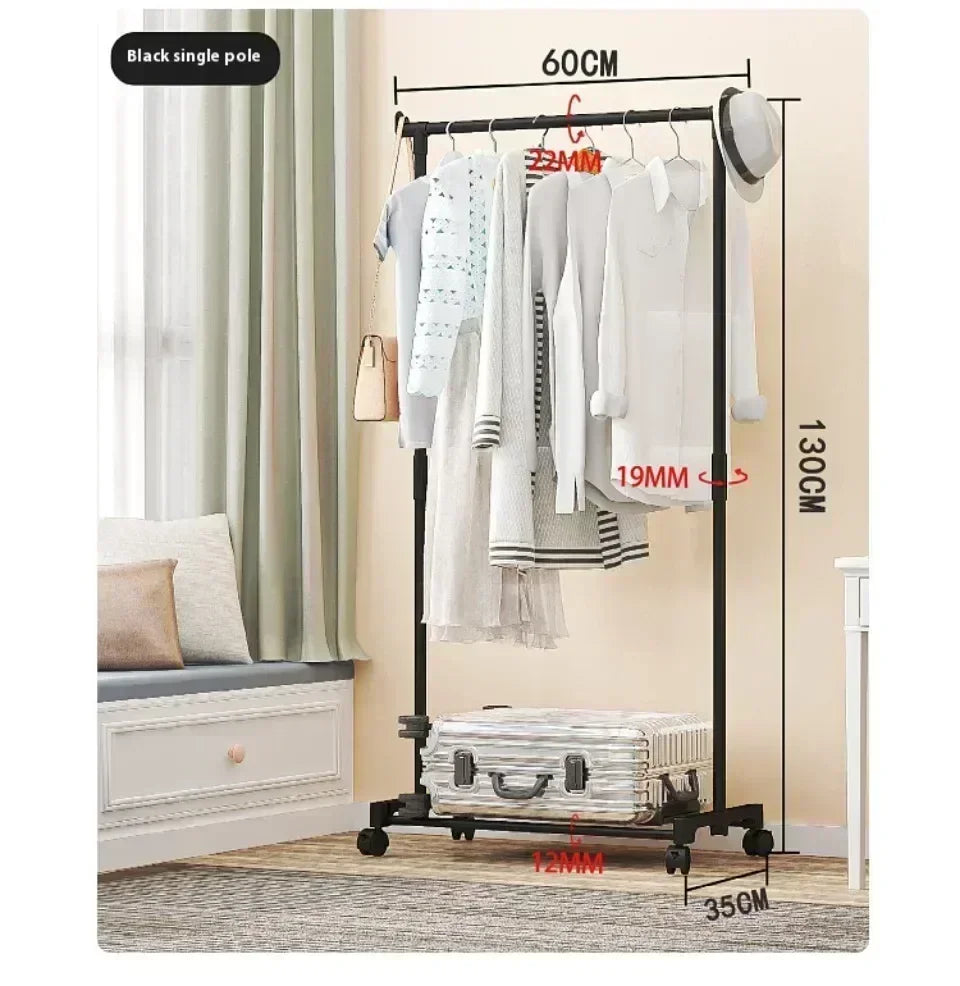 Mobile Clothes Rack Double Clothes Rack Stick Simple Clothes Stand Telescopic Room Floor Hangers Storage Clothes Rack