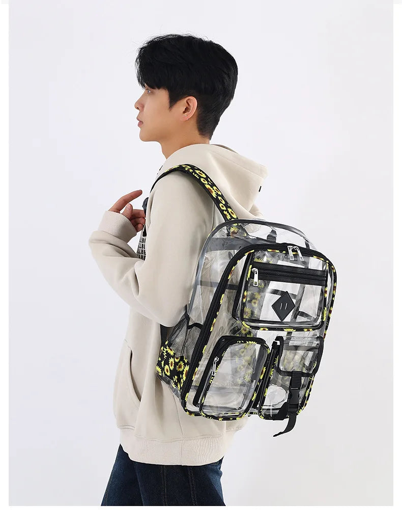 College Student Backpack 2025 New Transparent Bag Splicing Unisex Large Capacity Color Contrasting Fashion PVC Backpack