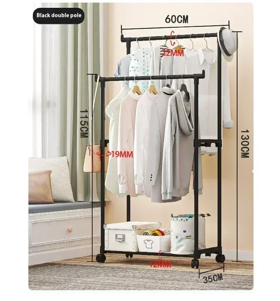 Mobile Clothes Rack Double Clothes Rack Stick Simple Clothes Stand Telescopic Room Floor Hangers Storage Clothes Rack