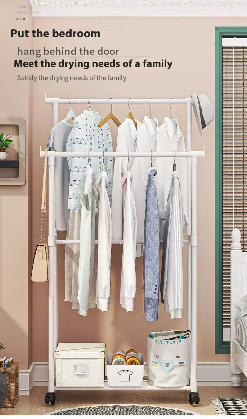 Mobile Clothes Rack Double Clothes Rack Stick Simple Clothes Stand Telescopic Room Floor Hangers Storage Clothes Rack