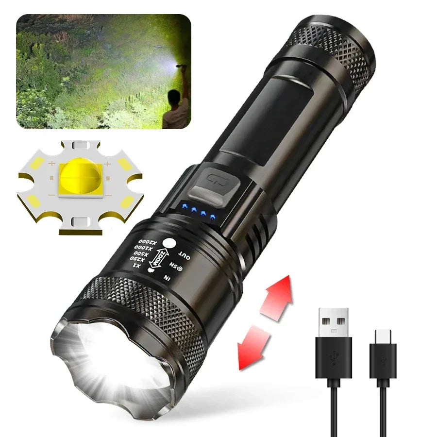 High Strong Power Led Flashlights 2000LM Tactical Torch with Display Light USB Charging Camping Fishing Emergency Zoom Lantern
