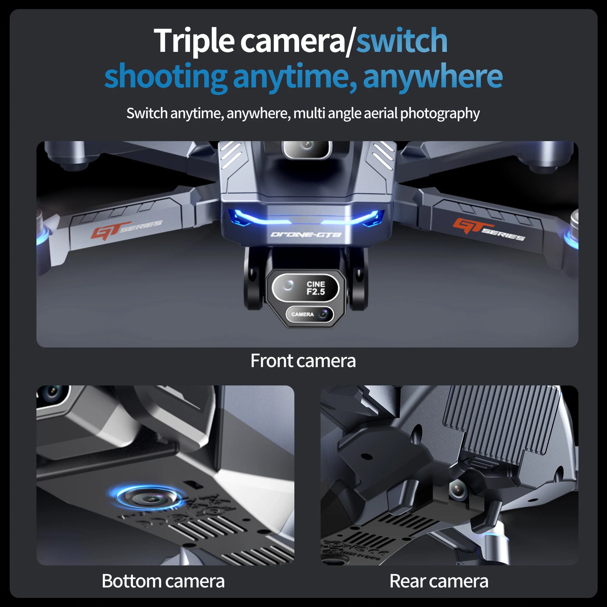 GT8 RC Drone Optical Flow 8K Three Camera Brushless Drone WIFI Electric Charge Display Screen Professional Aerial Drone