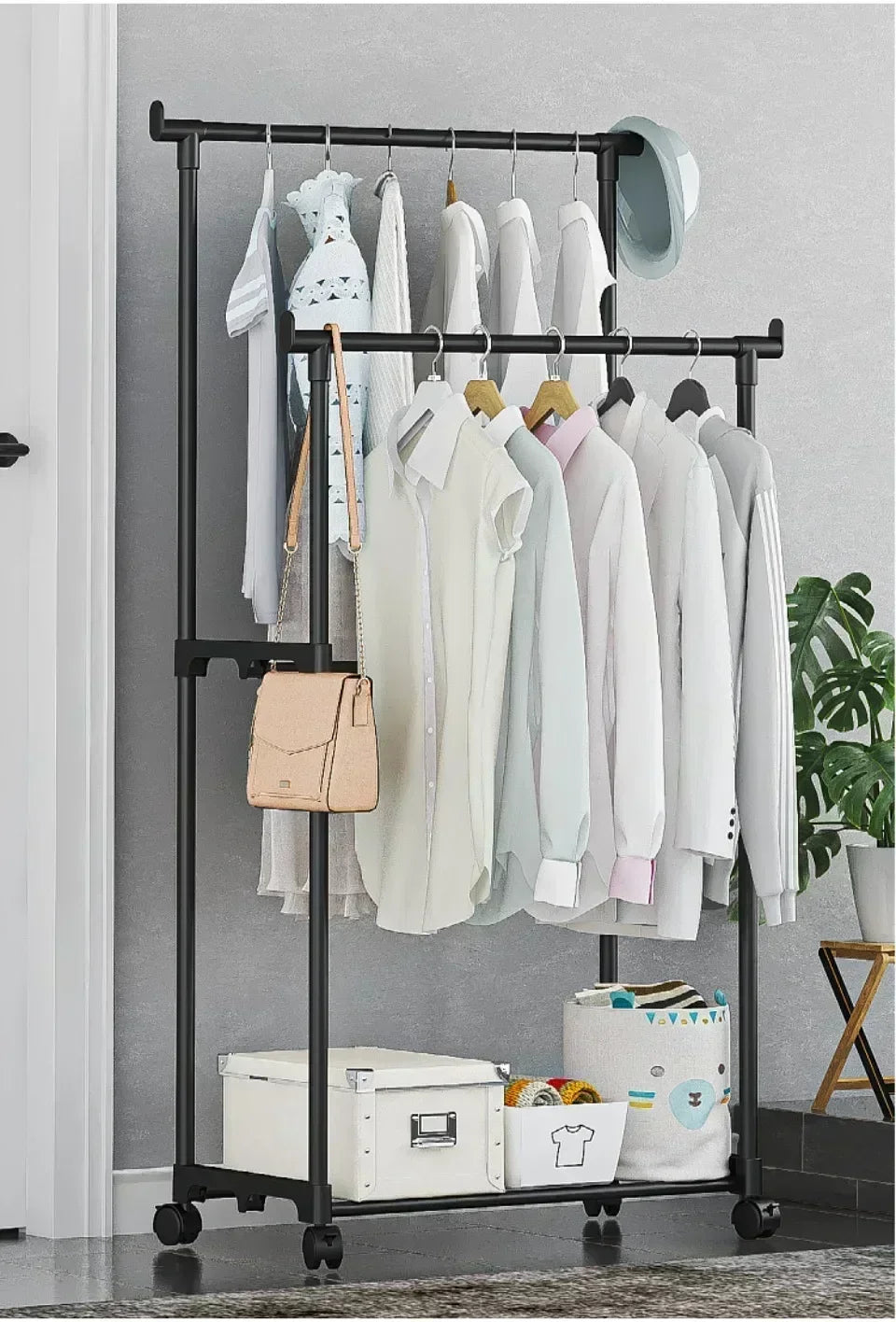 Mobile Clothes Rack Double Clothes Rack Stick Simple Clothes Stand Telescopic Room Floor Hangers Storage Clothes Rack