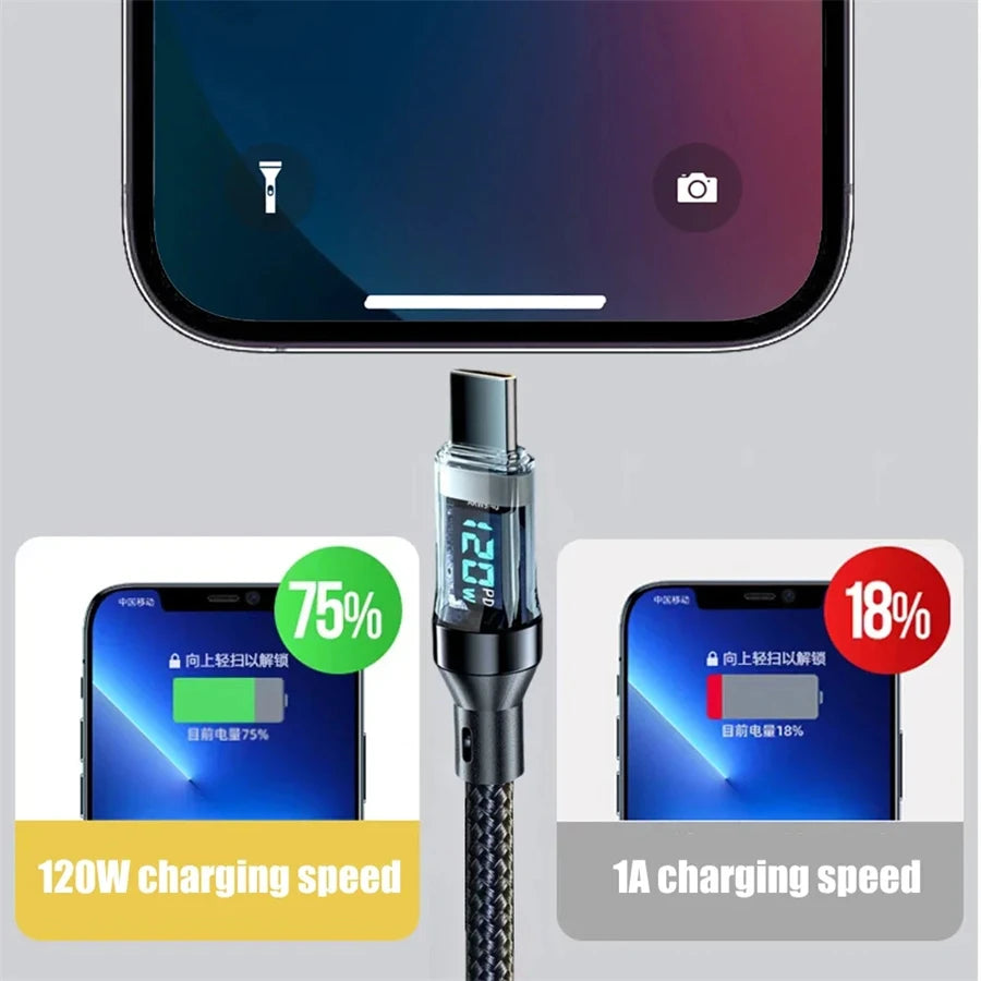 NNBILI 120W Type C to Type C Cable Phone Super Fast Charging Cable With LED Display USB To Type-C Data Cord For huawei oppo vivo