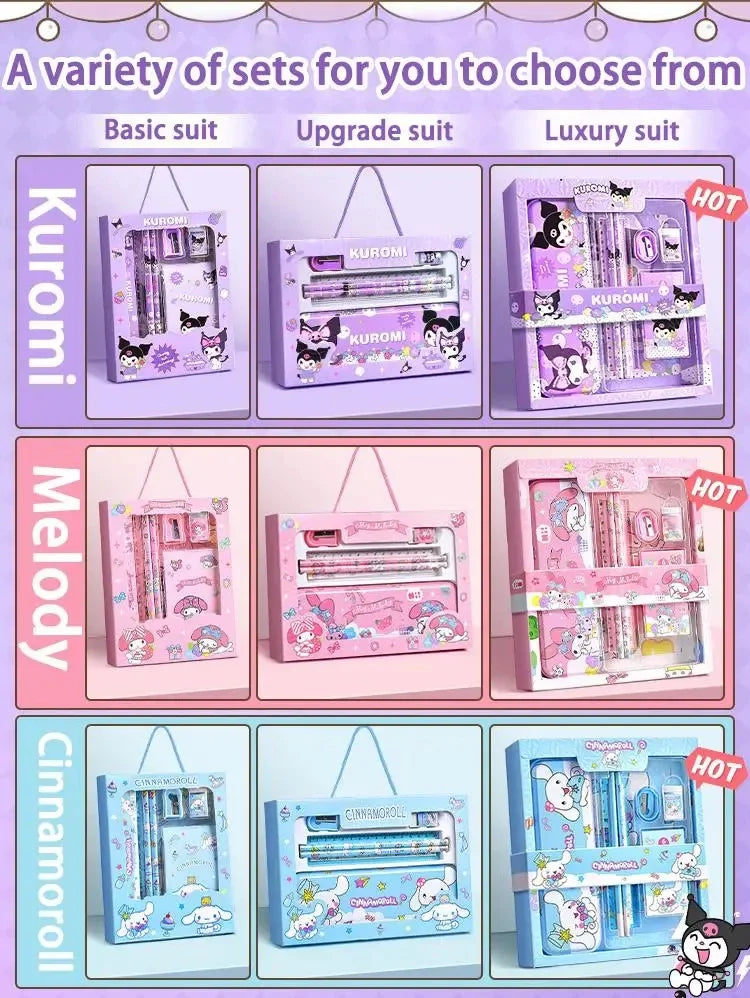 Sanrio 12PCS Kuromi Stationery Set Cinnamoroll My Melody Pencils Erasers Rulers Student School Supplies Study Stationery Gifts