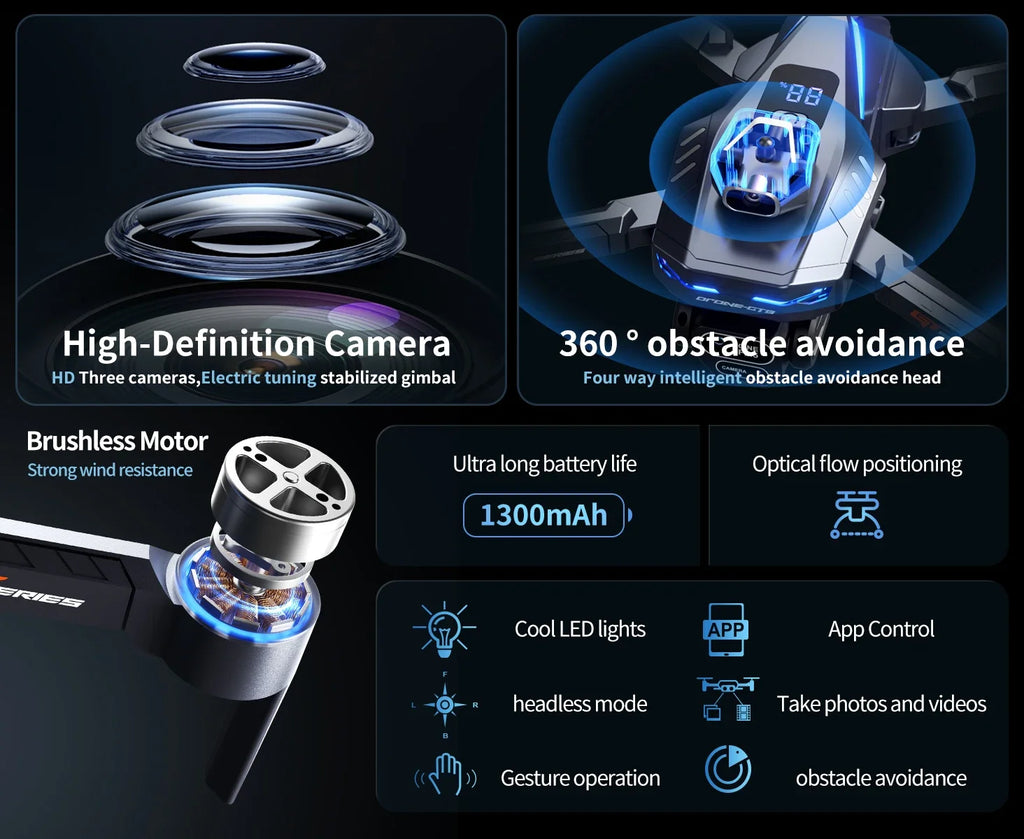 GT8 RC Drone Optical Flow 8K Three Camera Brushless Drone WIFI Electric Charge Display Screen Professional Aerial Drone