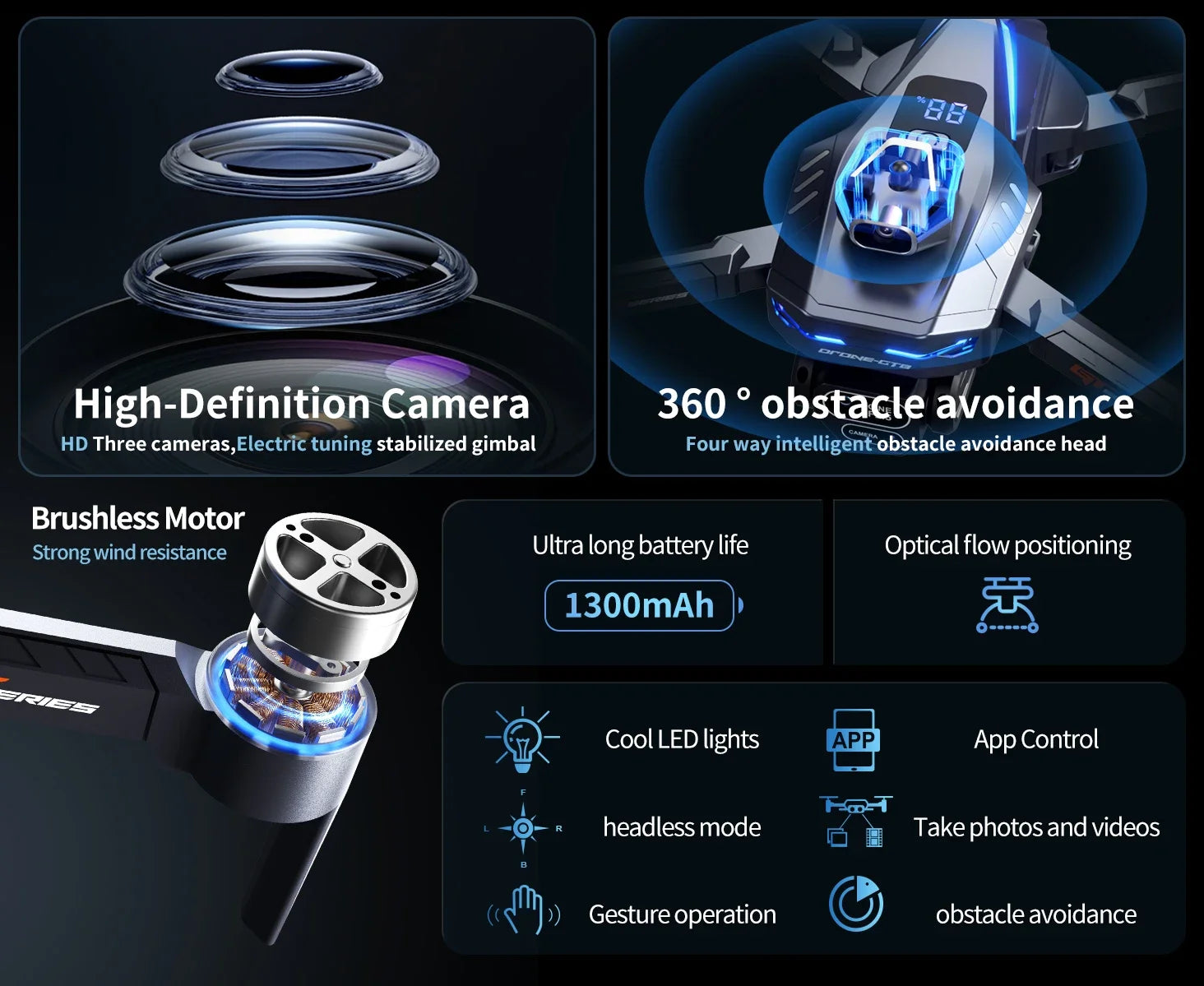 GT8 RC Drone Optical Flow 8K Three Camera Brushless Drone WIFI Electric Charge Display Screen Professional Aerial Drone