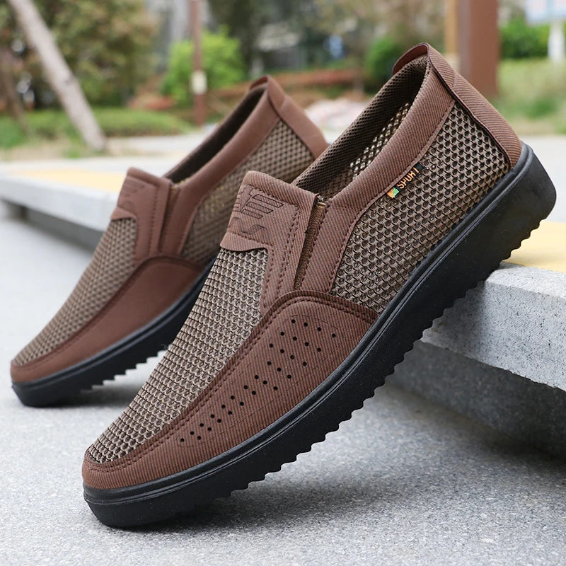 Men's Breathable Slip-On Casual Shoes - Lightweight Low-Top Walking Sneakers for Outdoor, Fishing, Park and Exercise, Brown Mesh Fabric, Rubber Sole, Plaid for All Seasons, Outdoor Shoes | Low-Top Shoes | Fabric Upper