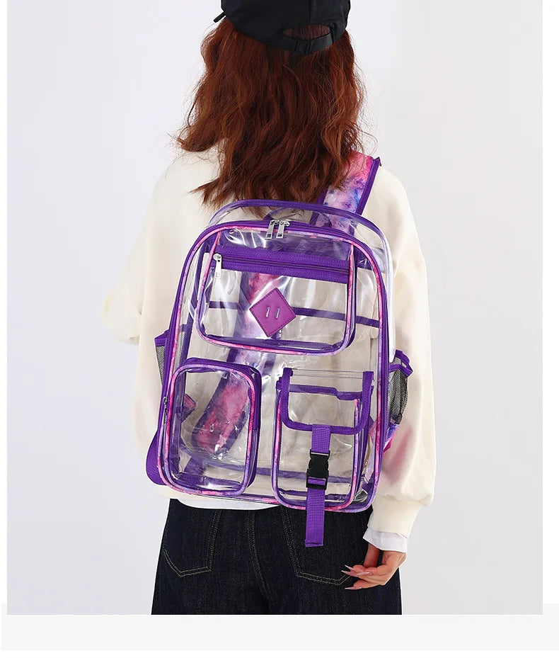 College Student Backpack 2025 New Transparent Bag Splicing Unisex Large Capacity Color Contrasting Fashion PVC Backpack