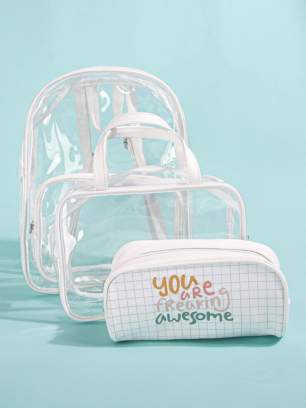 3 In One Clear Backpack Set Heavy Duty Transparent Backpack See Through Backpacks  for School,Clear Lunch Bag and Pencil Case