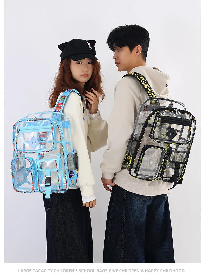 College Student Backpack 2025 New Transparent Bag Splicing Unisex Large Capacity Color Contrasting Fashion PVC Backpack