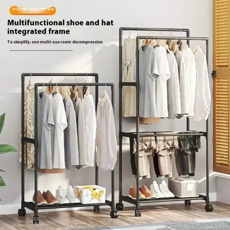 Mobile Clothes Rack Double Clothes Rack Stick Simple Clothes Stand Telescopic Room Floor Hangers Storage Clothes Rack
