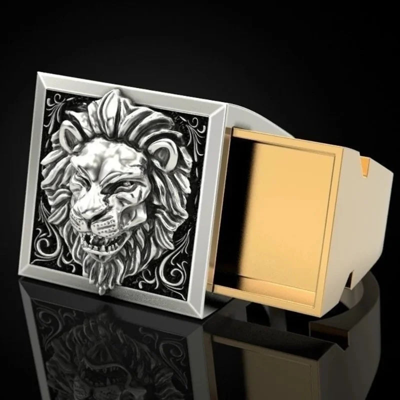 Fashion Punk Domineering Lion Head Men's Ring Creative Storage Finger Link Day Friendship Jewelry