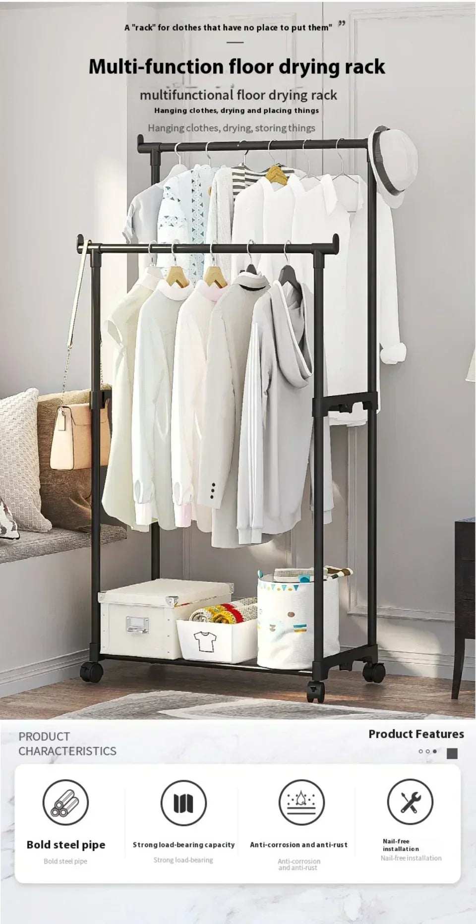 Mobile Clothes Rack Double Clothes Rack Stick Simple Clothes Stand Telescopic Room Floor Hangers Storage Clothes Rack