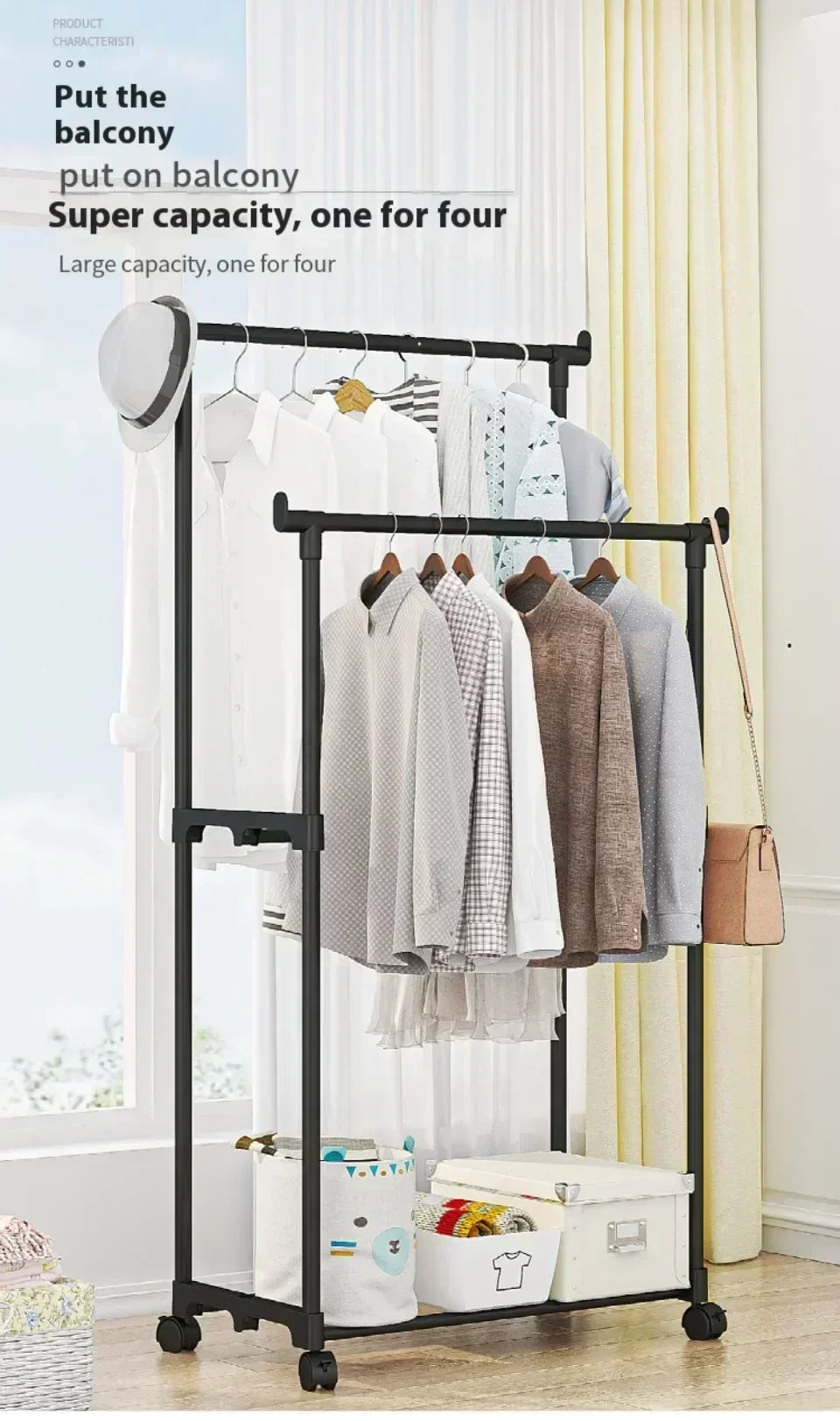 Mobile Clothes Rack Double Clothes Rack Stick Simple Clothes Stand Telescopic Room Floor Hangers Storage Clothes Rack